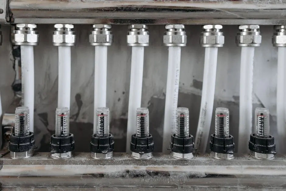 Detailed view of a network of pipes with valves in a metal framework, emphasizing industrial mechanics.