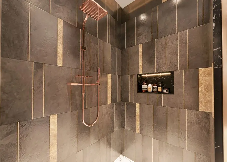 Luxurious modern shower with dark textured tiles and copper fixtures for a sophisticated bathroom design.